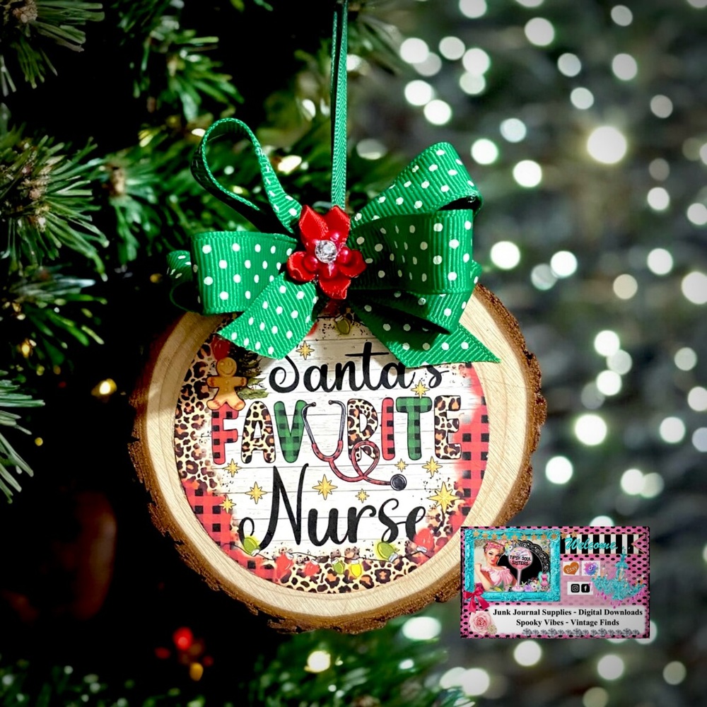 This is a multicolor wooden ornament/gift tag “Santa’s Favorite Nurse”